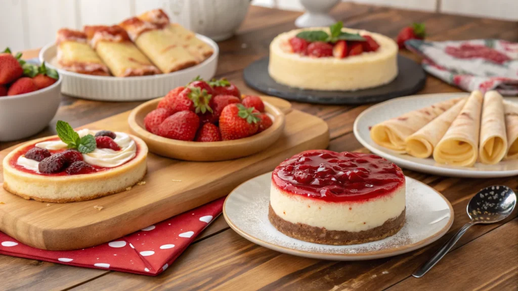 Alt Text: Desserts with strawberry puree toppings