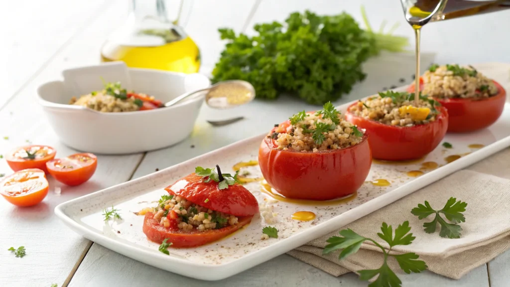 baked quinoa stuffed tomatoes on a white serving 1