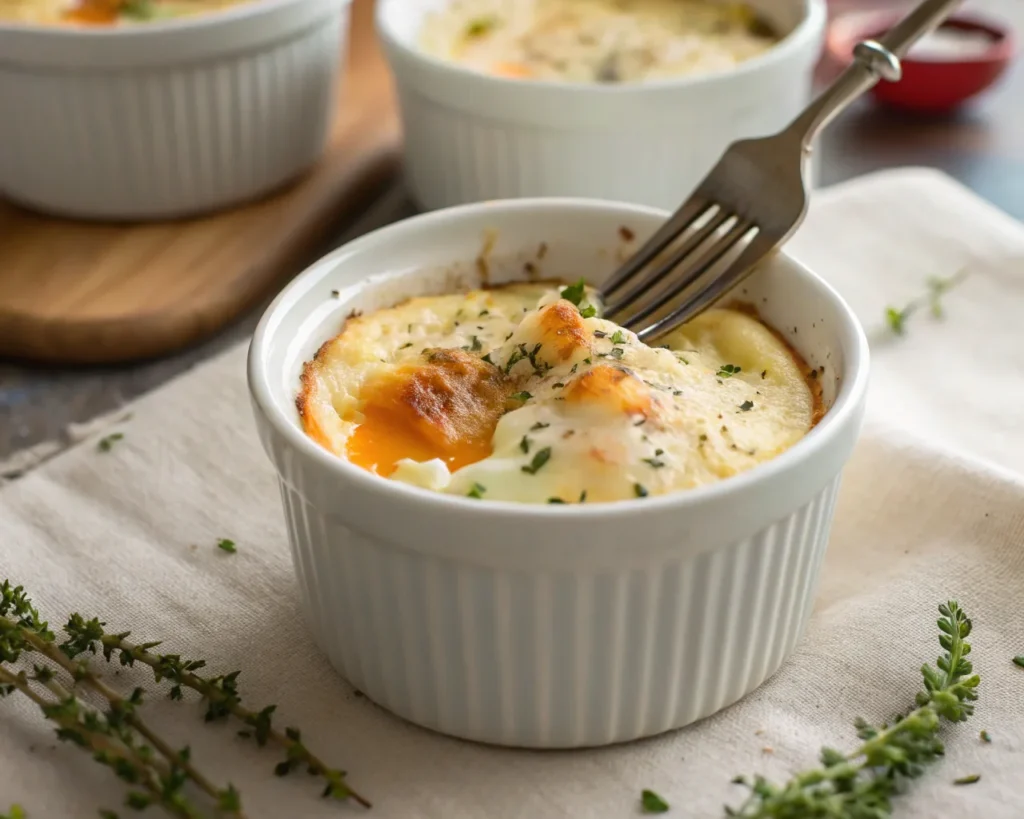 a close up of a single serving of baked cottage c