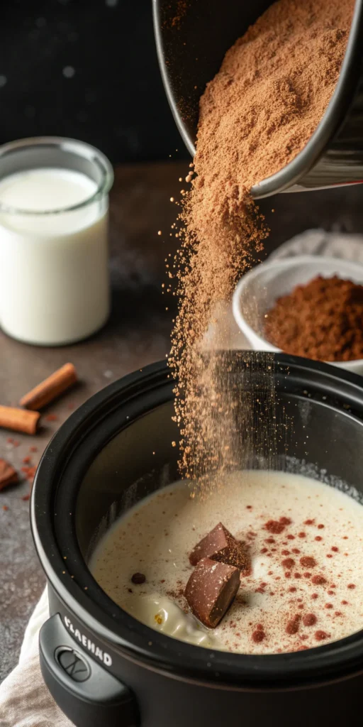 a close up of cocoa powder being sprinkled into a
