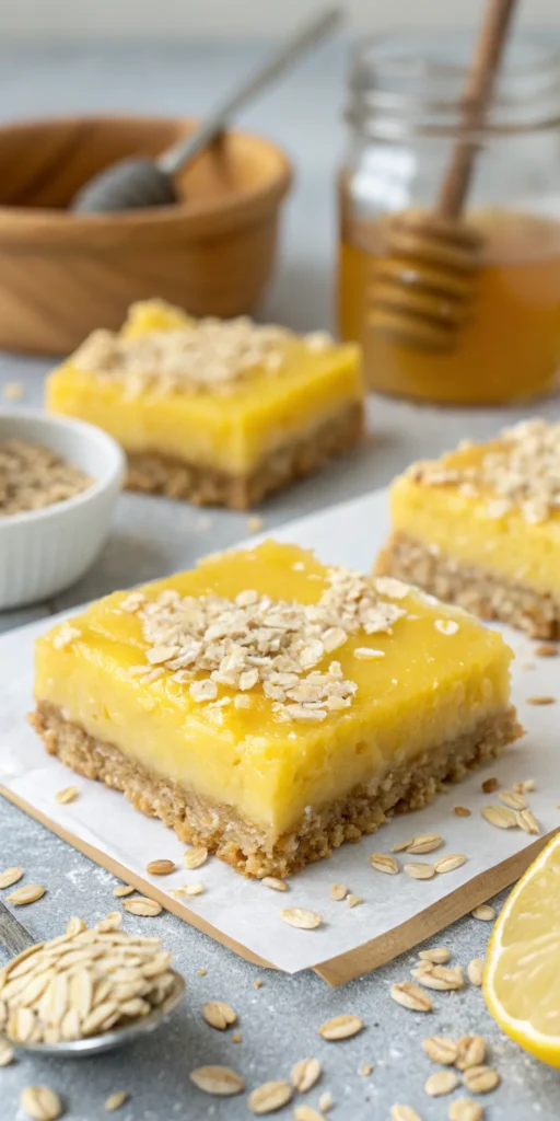 a close up of healthy lemon bars with an oatmeal