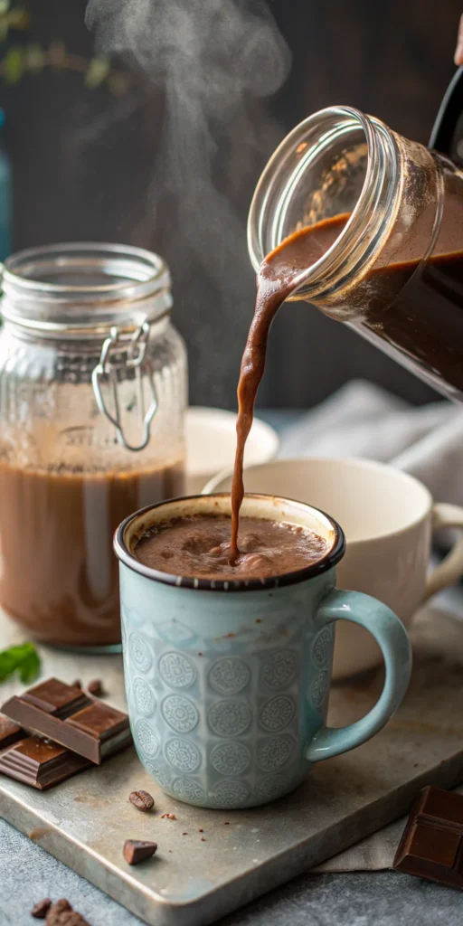 a close up of hot chocolate being poured from a ma