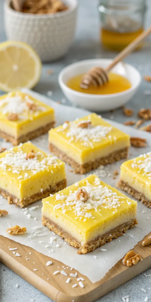 a close up of no bake lemon bars on parchment pape