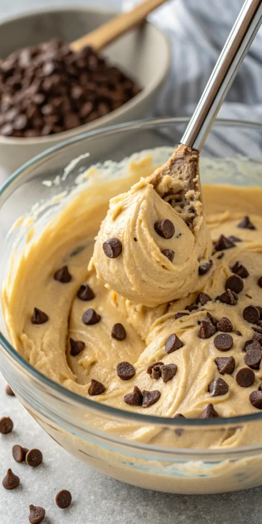 a close up shot of cake batter with chocolate chip