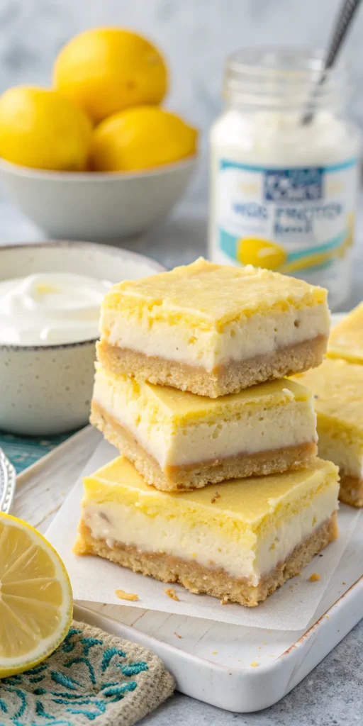 a close up shot of high protein lemon bars stacked