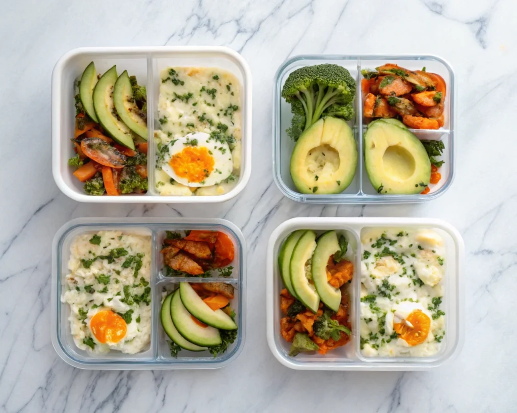 a meal prep setup featuring four airtight containe
