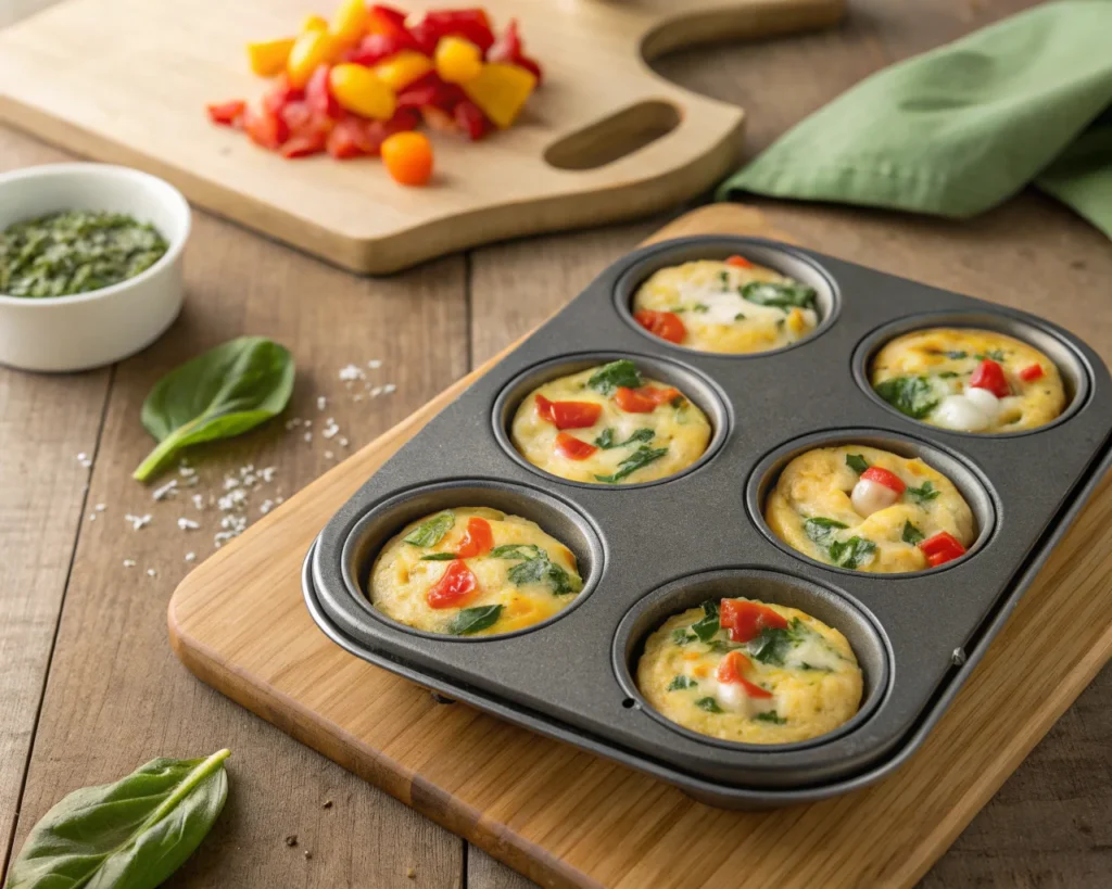 a top down view of muffin tin baked cottage cheese
