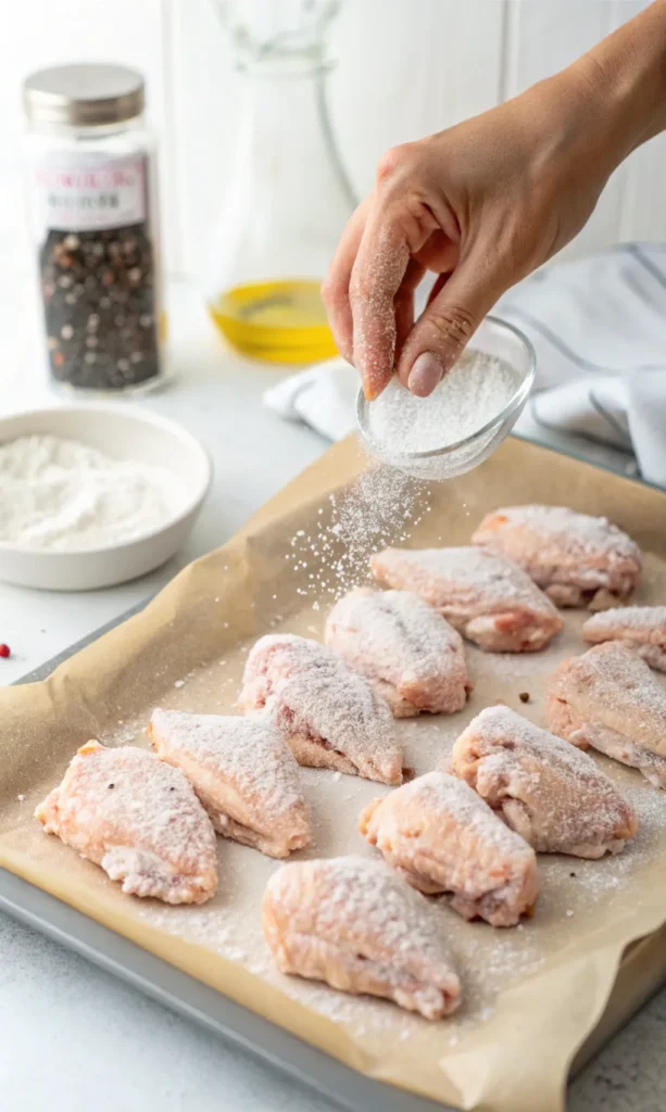 close up of raw chicken wings coated in baking pow