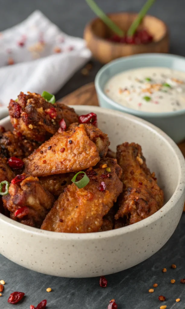 close up shot of spicy air fried salt and pepper w