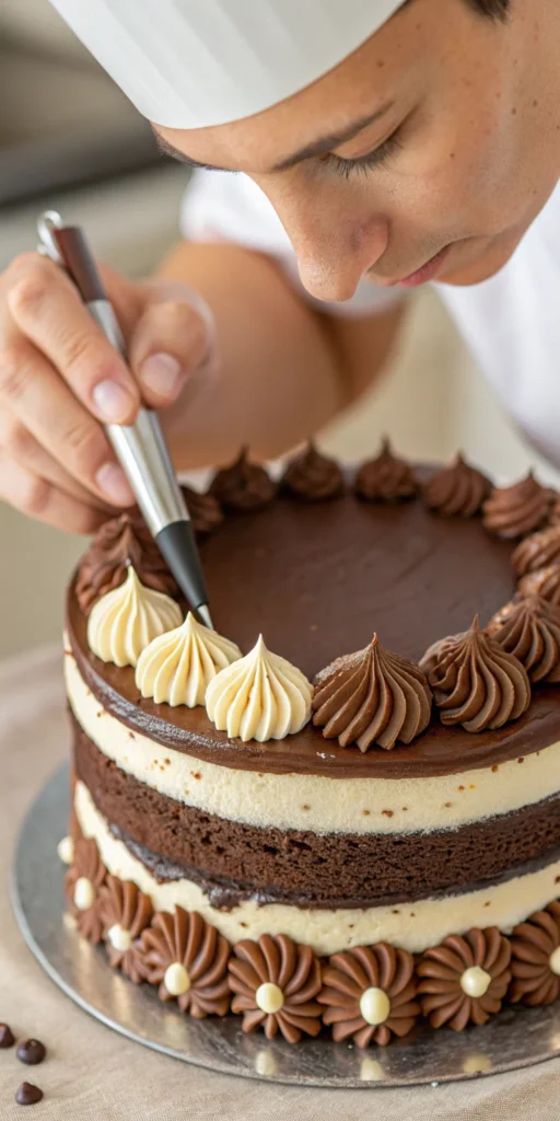 decorating cake a close up of a baker applying